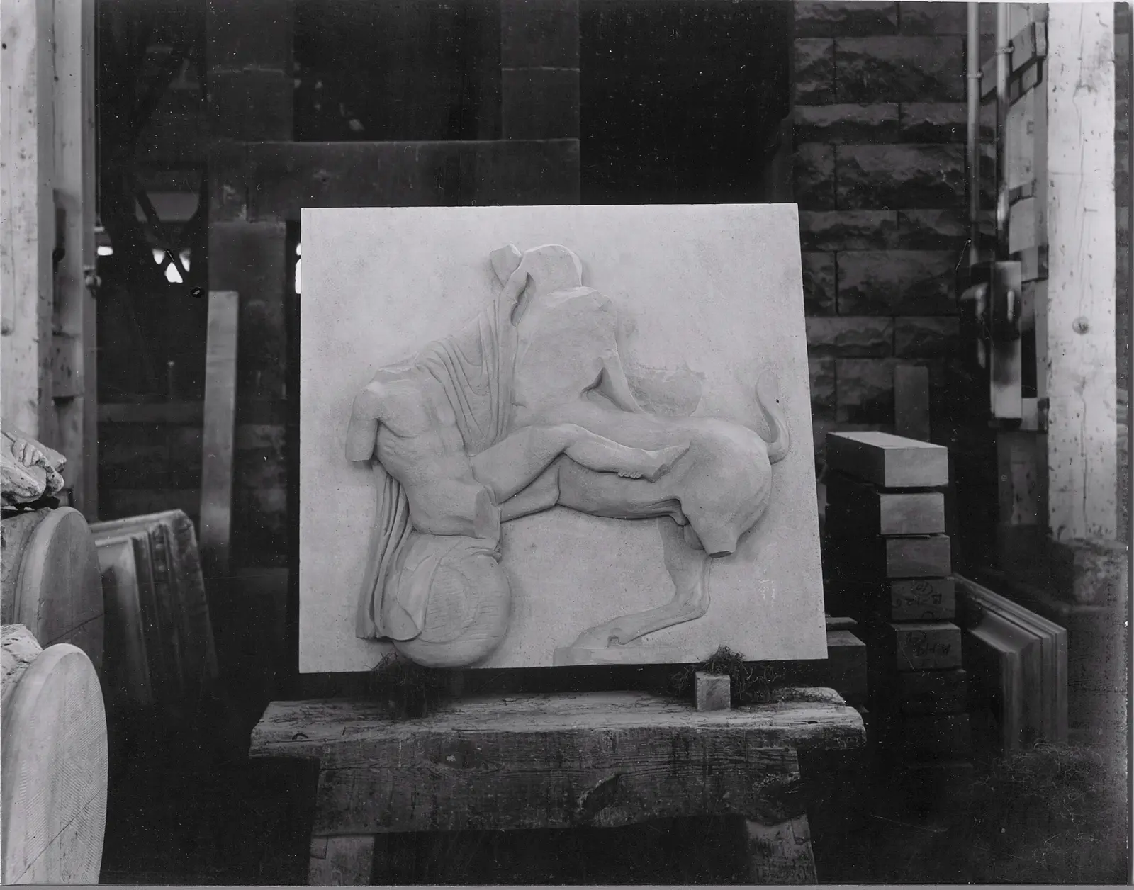 Equestrian relief before installation
