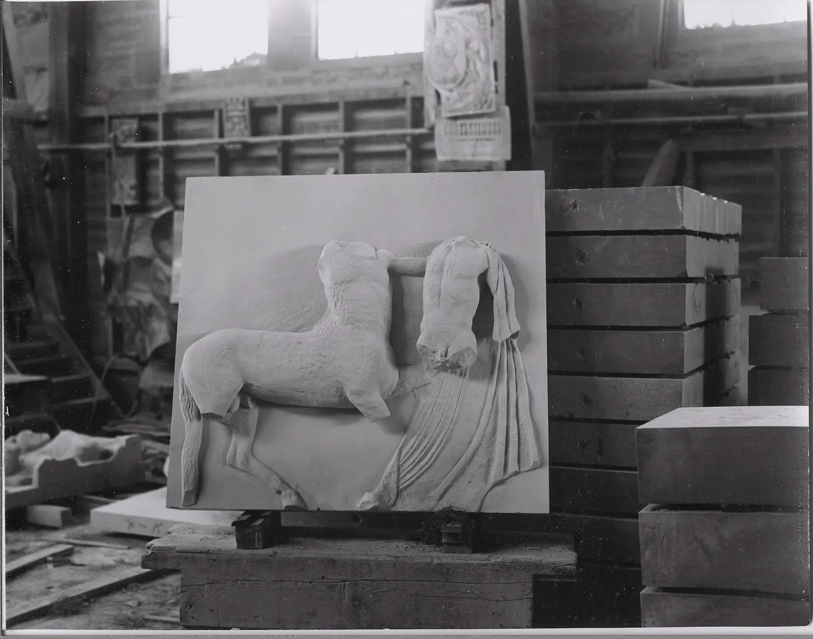 Equestrian relief before installation