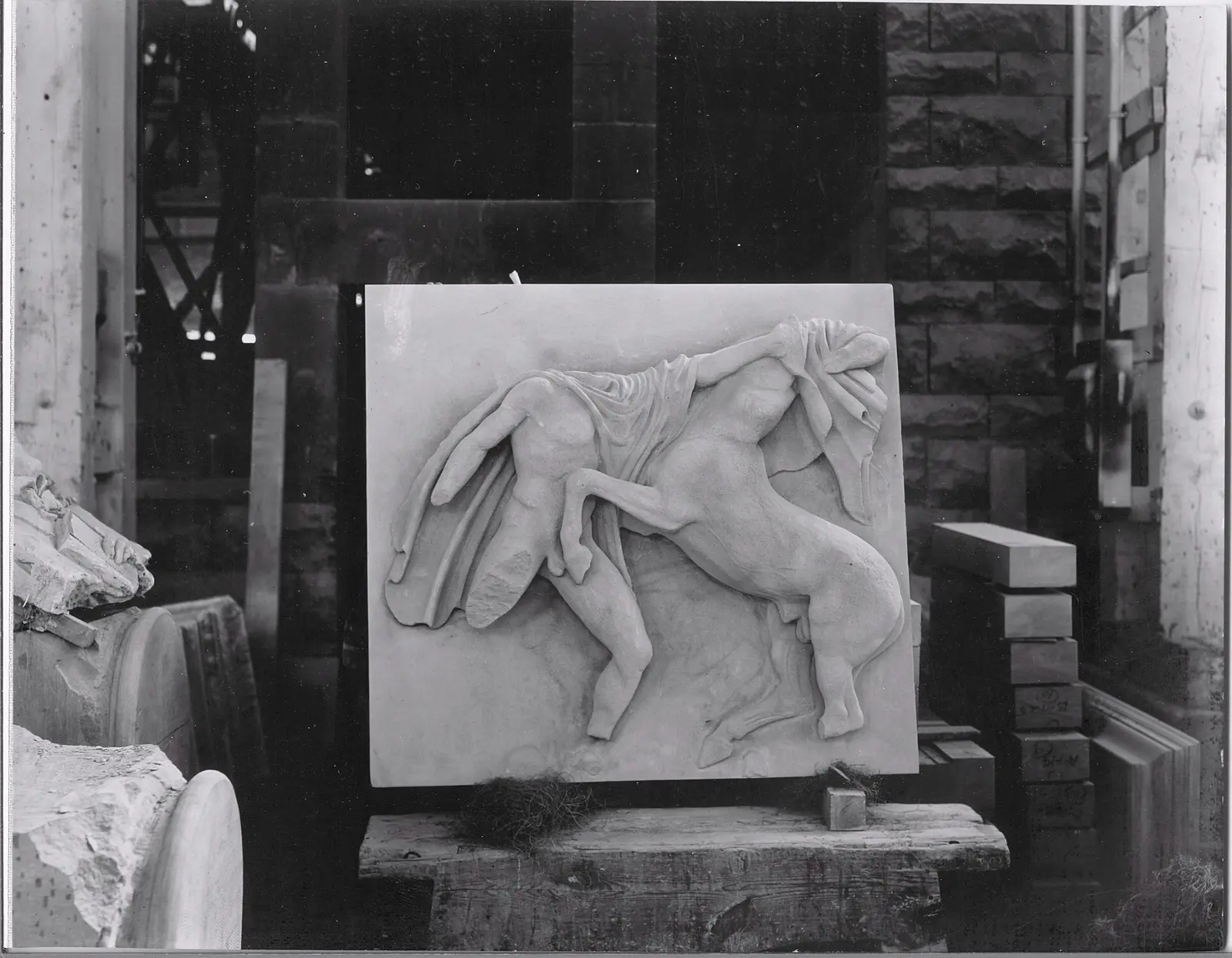 Equestrian relief before installation