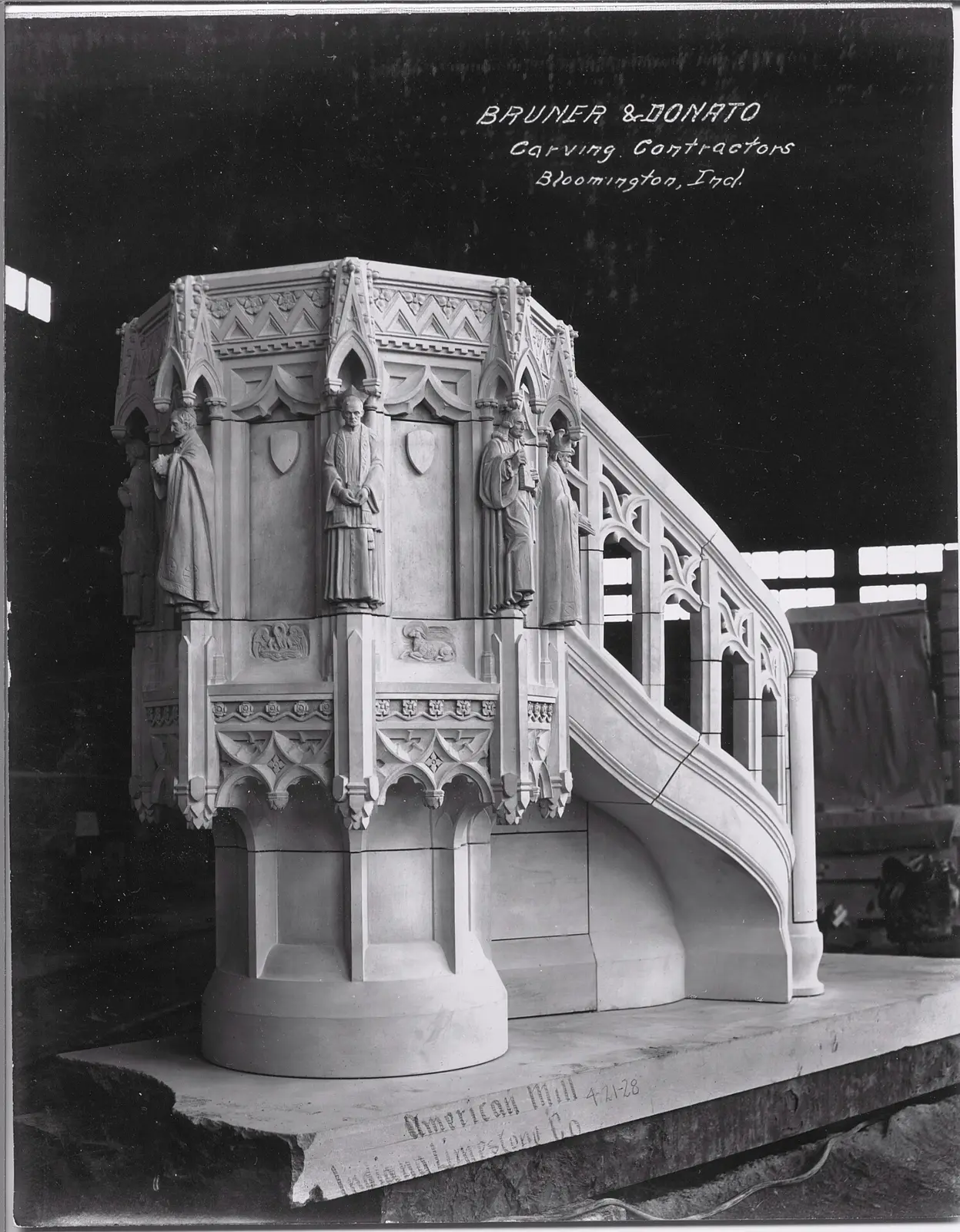 St. Luke's Episcopal Church limestone pulpit assembled at the American Mill, marked Bruner and Donato Carving Contractors